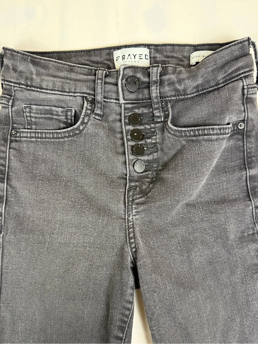 FRAYED Jeans High Rise Skinny Black Gray Wash Button Fly Stretch Size 24